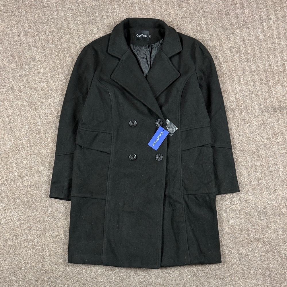 NWT Black Wool Blend Double Breasted Mid-Length Pea Coat Womens XL Preppy Jacket